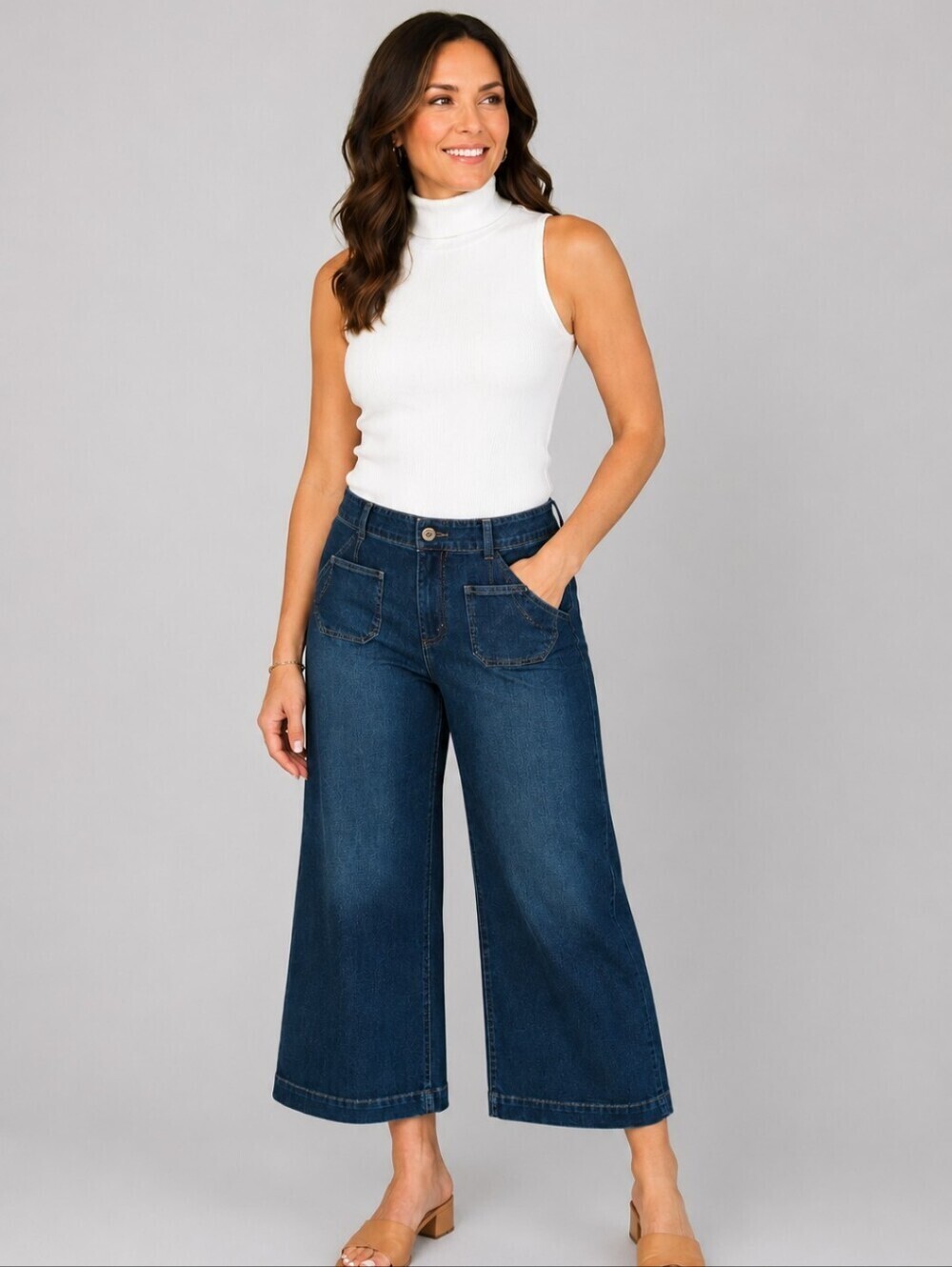 Dark Wash Wide Leg Denim Pull-On Cropped Jeans